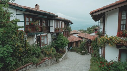 Obraz premium Charming cobblestone street in a picturesque village surrounded by lush greenery and traditional turkish architecture