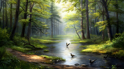 Obraz premium Serene forest stream, sunlit path, birds bathing, misty background. Ideal for nature, tranquility, peace themes
