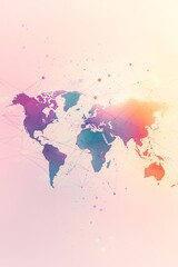 Obraz premium A colorful world map with a pink background. The map is made up of different colors and has a lot of dots