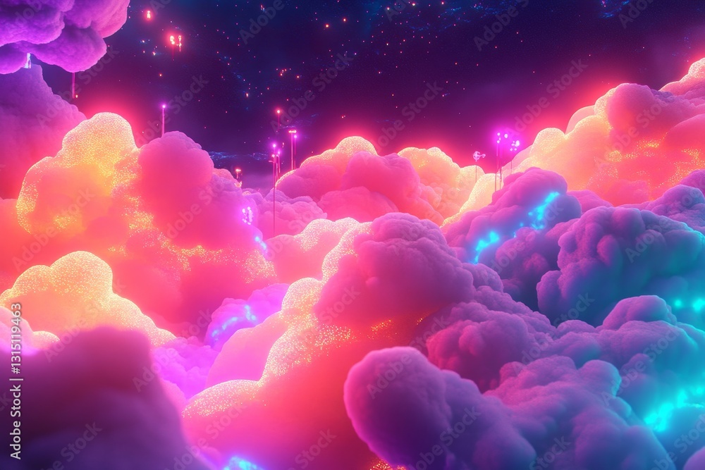 Poster a colorful, glowing cloudscape with a purple and blue sky. the clouds are illuminated with neon colo