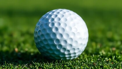 A detailed view of a white golf ball resting on lush green grass lawn