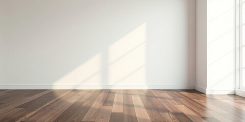 Sunlit Empty Room with Hardwood Floor and White Walls, Perfect for Interior Design Mockups and Presentations