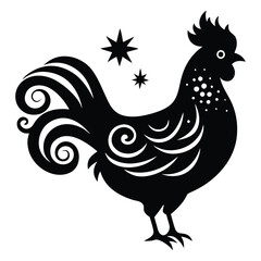 Black Rooster Silhouette Vector, Elegant Rooster Illustration, Chicken Line Art, and Bird on a Branch Design