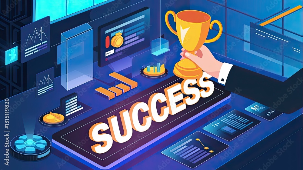 Poster achieving success: a hand reaches for a golden trophy on a digital screen displaying the word 
