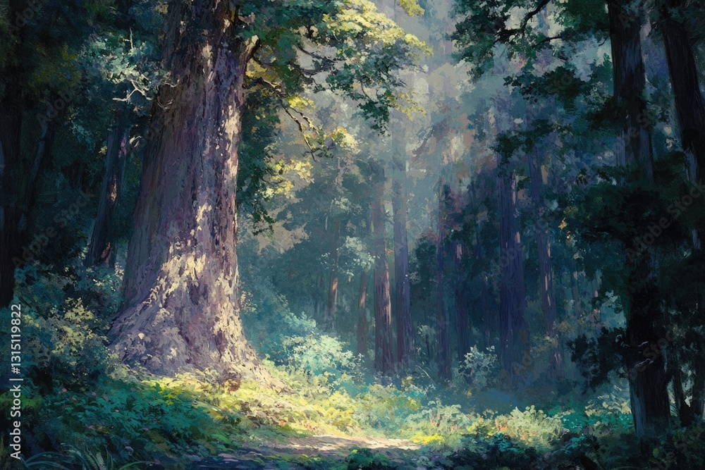 Poster Sunlit path winds through a mystical redwood forest, giant trees casting shadows, creating an ethereal atmosphere.
