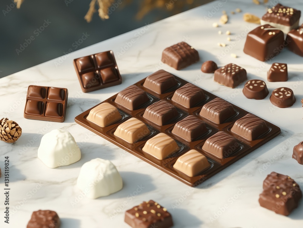 Poster delicious assortment of chocolates displayed elegantly on a polished marble table surface in a cozy 