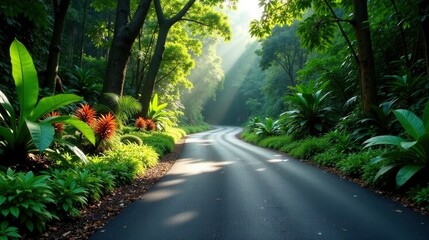 Naklejka premium Serene Winding Road Through Lush Tropical Foliage Bathed in Golden Sunlight