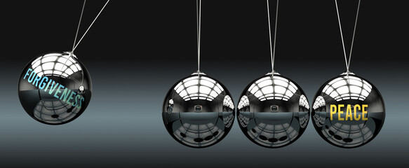 Forgiveness leads to Peace. A metaphor in which forgiveness initiates motion of peace and gives it energy. Cause and effect relation between forgiveness and peace. ,3d illustration