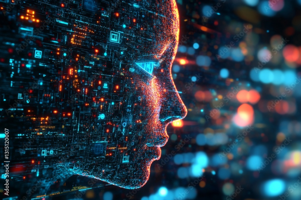 Poster a computer generated face with a blue background. the face is surrounded by a lot of lights and it l