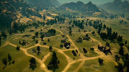 Aerial view of a deserted village nestled in a mountainous valley; background shows rugged terrain; ideal for games, documentaries, or historical fiction
