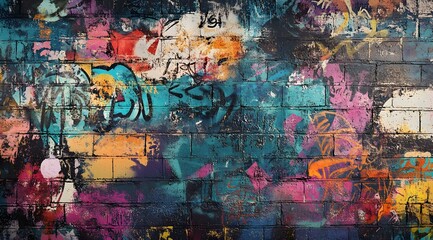 A dynamic and gritty graffiti-inspired texture with bold spray-painted tags, distressed layers, and faded stencil elements. The seamless, tileable design combines neon highlights and muted tones,