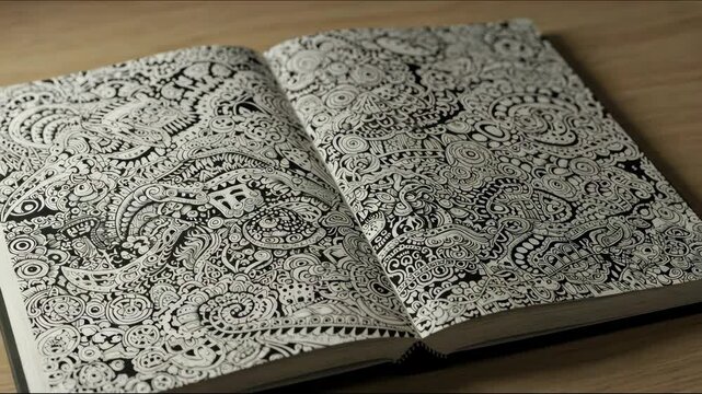 An open book filled with intricate black and white patterns