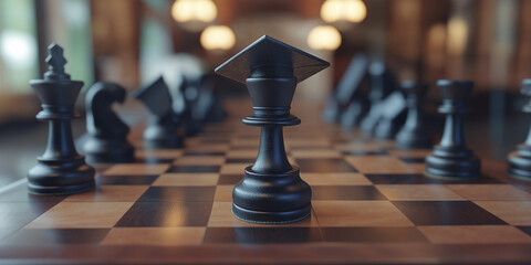 Chess piece with mortarboard hat on chessboard in warm lighting