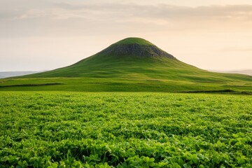 Fototapeta premium Green grass field with a prominent hill in the background, creating a peaceful and scenic landscape under a cloudy sky