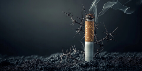Symbolism of smoking: cigarette with thorns in dark environment