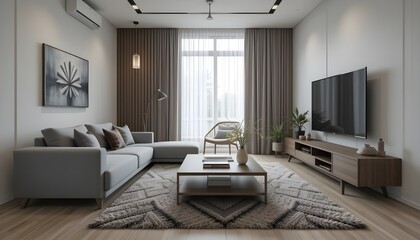 Fototapeta premium Grey sofa, coffee table, rug, flat-screen TV, cozy living room, wall, comfortable By sawaratch