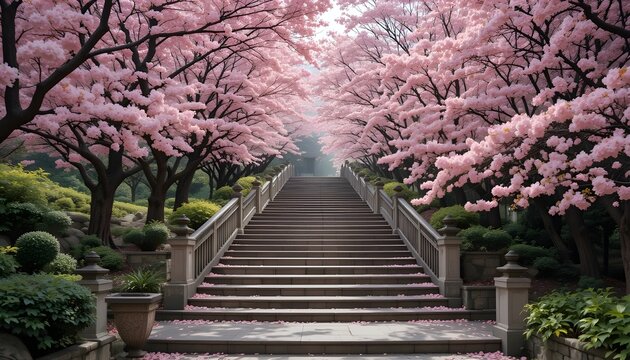 Staircase lined with pink cherry blossoms.
By Oleg