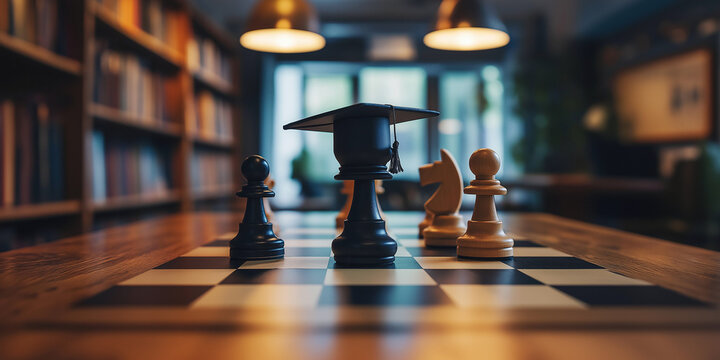 Chessboard with graduation cap symbolizing strategy and education in library setting