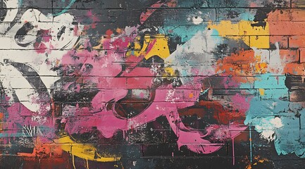 Fototapeta premium A dynamic and gritty graffiti-inspired texture with bold spray-painted tags, distressed layers, and faded stencil elements. The seamless, tileable design combines neon highlights and muted tones,