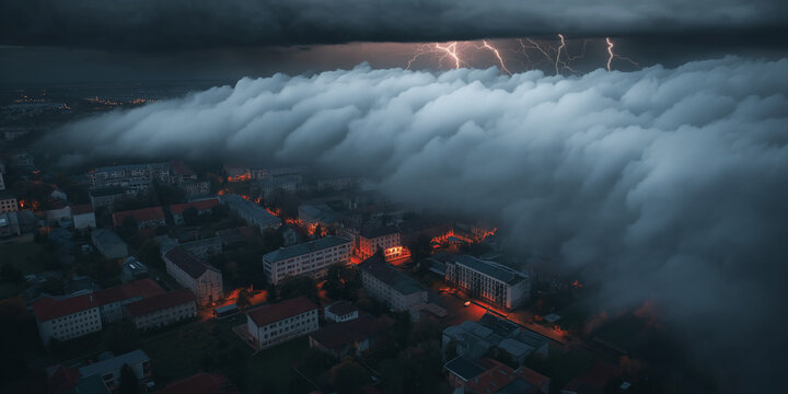 Dramatic lightning storm over cityscape engulfed in rolling clouds at night