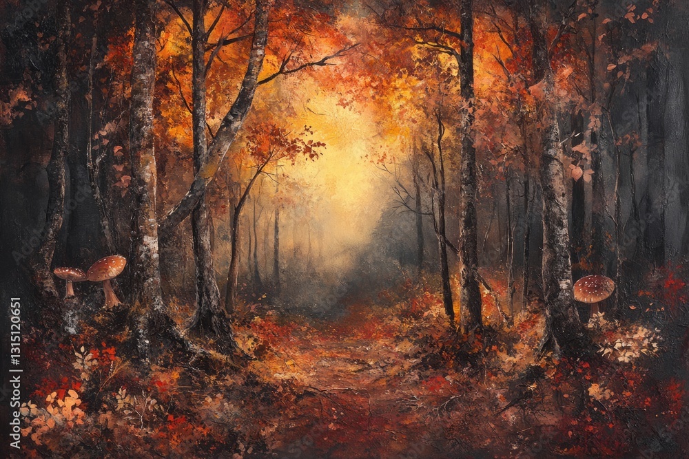 Poster autumnal forest path with mushrooms, warm light filtering through trees.