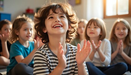 Enthusiastic children clapping their hands in a classroom setting