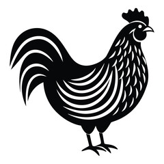 Black Rooster Silhouette Vector, Elegant Rooster Illustration, Chicken Line Art, and Bird on a Branch Design