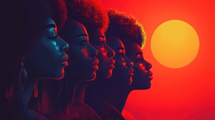 Four women of color in profile, sunset backdrop.