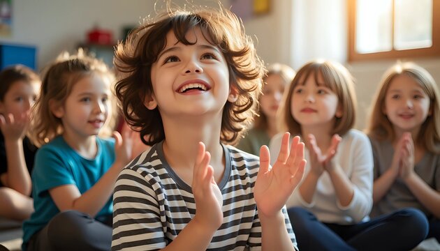 Enthusiastic children clapping their hands in a classroom setting
