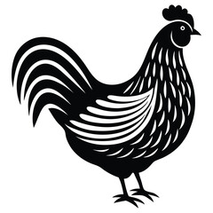 Black Rooster Silhouette Vector, Elegant Rooster Illustration, Chicken Line Art, and Bird on a Branch Design