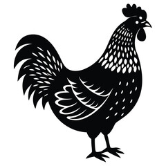 Black Rooster Silhouette Vector, Elegant Rooster Illustration, Chicken Line Art, and Bird on a Branch Design