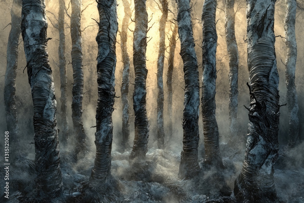Aufkleber a mystical winter forest scene with snow-covered trees and a foggy atmosphere, bathed in soft sunlig