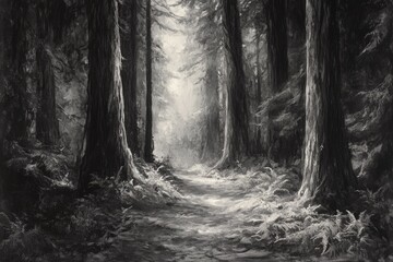 A tranquil path winds through a majestic redwood forest, sunlight filtering through the towering trees.