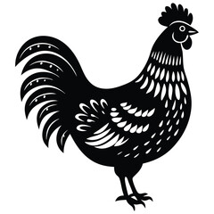 Black Rooster Silhouette Vector, Elegant Rooster Illustration, Chicken Line Art, and Bird on a Branch Design