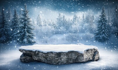 Snowy rock podium in winter forest, ideal for product placement