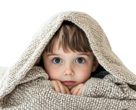 Portrait of comfort child under blanket isolated on transparent background, png