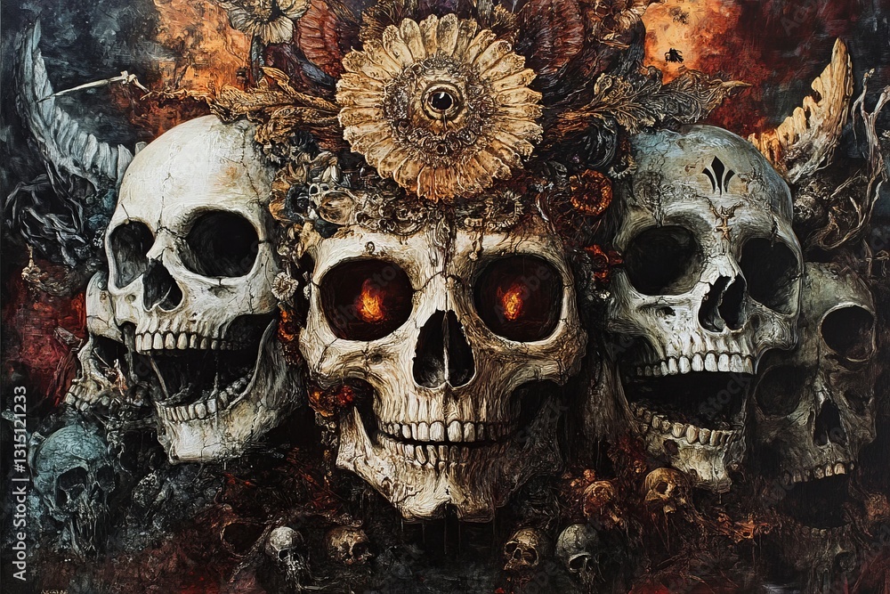Poster this striking artwork features intricately designed skulls surrounded by dark floral elements and fi
