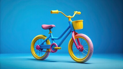 Fototapeta premium Blue Yellow Pink Toy Bike, Child's Bicycle, Kids Ride-on, Playtime Fun, Colorful Bicycle, Studio Shot