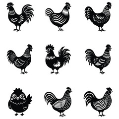 Black Rooster Silhouette Vector, Elegant Rooster Illustration, Chicken Line Art, and Bird on a Branch Design