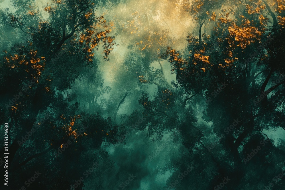 Poster mystical forest scene with sunlight filtering through dense, foggy trees, creating a magical, ethere