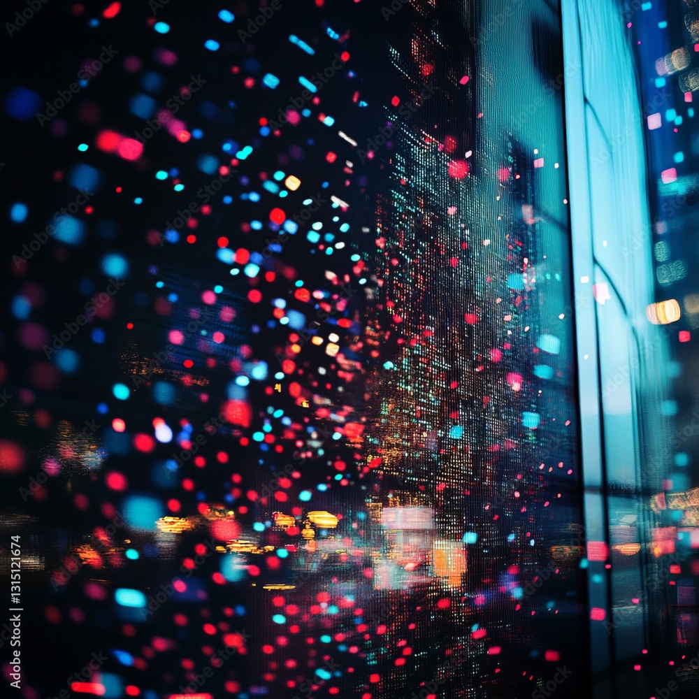 Poster a colorful cityscape with a lot of lights and a lot of dots. the dots are scattered all over the ima