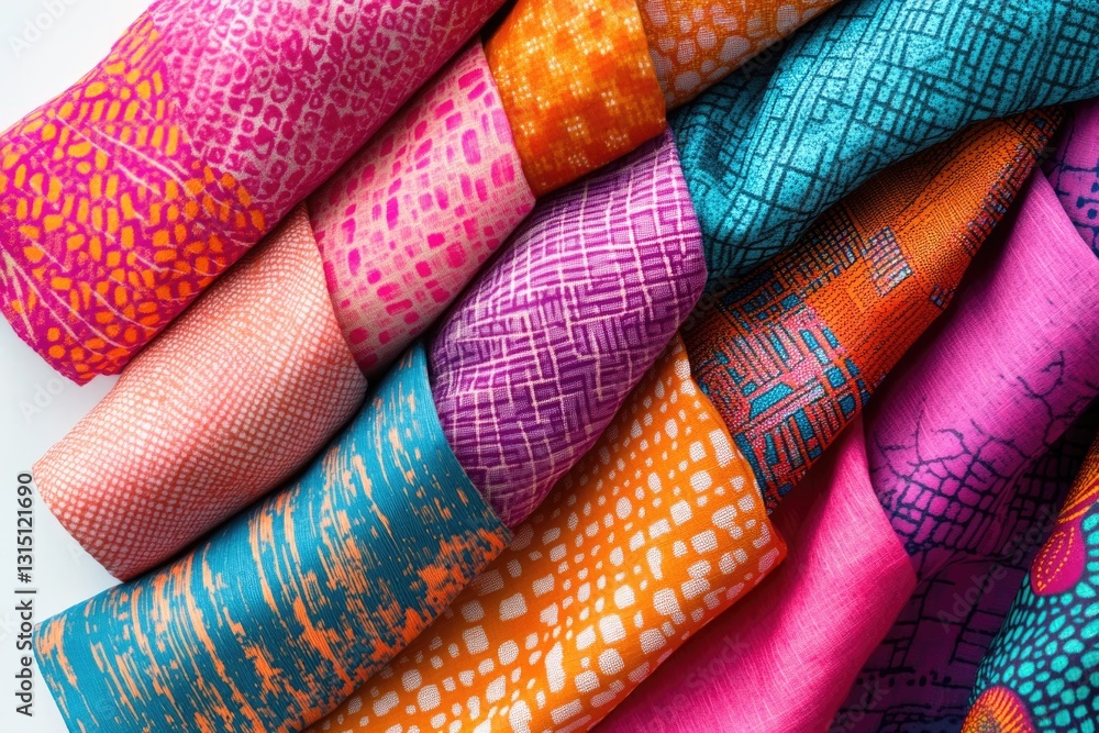 Poster a vibrant collection of colorful fabrics with diverse patterns and textures, showcasing a rich tapes