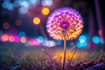 Enchanted Wish: A magical dandelion glows with iridescent colors against a dreamy bokeh backdrop. The image evokes a sense of wonder and the ephemeral beauty of nature's secrets. 