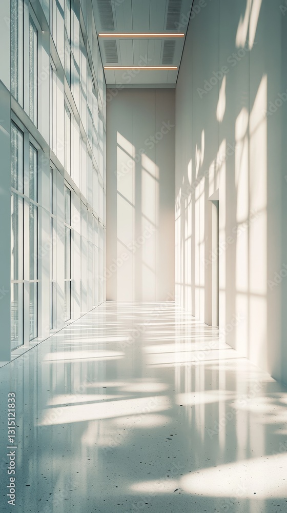 Aufkleber a large, empty hallway with a lot of windows. the sunlight is shining through the windows, creating 