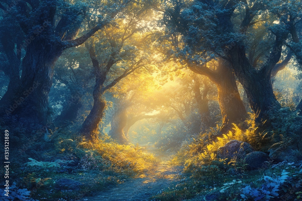 Poster sunlit path through a mystical forest, golden light illuminating ancient trees and lush greenery.