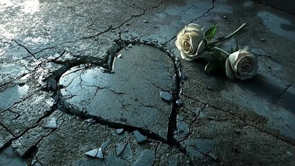 Broken heart shaped concrete with roses, emotional scene, cracked ground