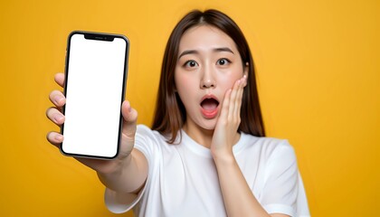 Shocked asian woman displaying smartphone with blank screen against vibrant yellow