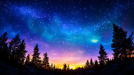 Fototapeta premium Starry night sky with pine trees silhouette and colorful horizon