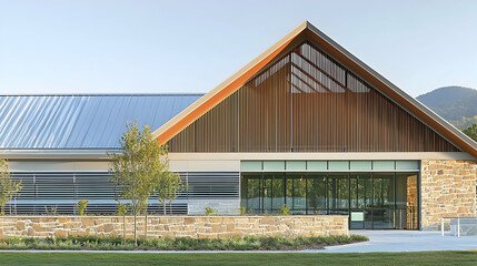 Obraz premium Modern community center exterior, mountain backdrop, landscaping, sunny day; ideal for brochures