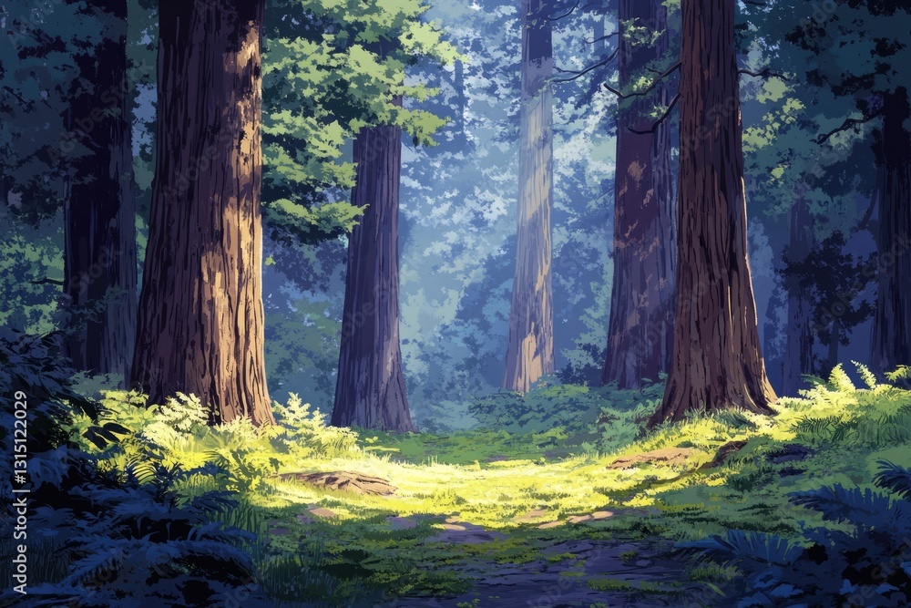 Poster sunlit path through a serene redwood forest, lush greenery and towering trees.